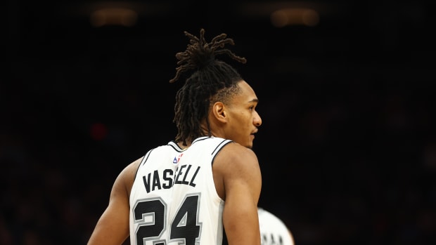 Nov 2, 2023; Phoenix, Arizona, USA; San Antonio Spurs guard Devin Vassell (24) against the Phoenix Suns at Footprint Center.